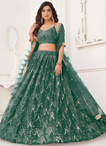 Soft Net Thread Embroidery Work Mehendi Function Green Lehenga Choli